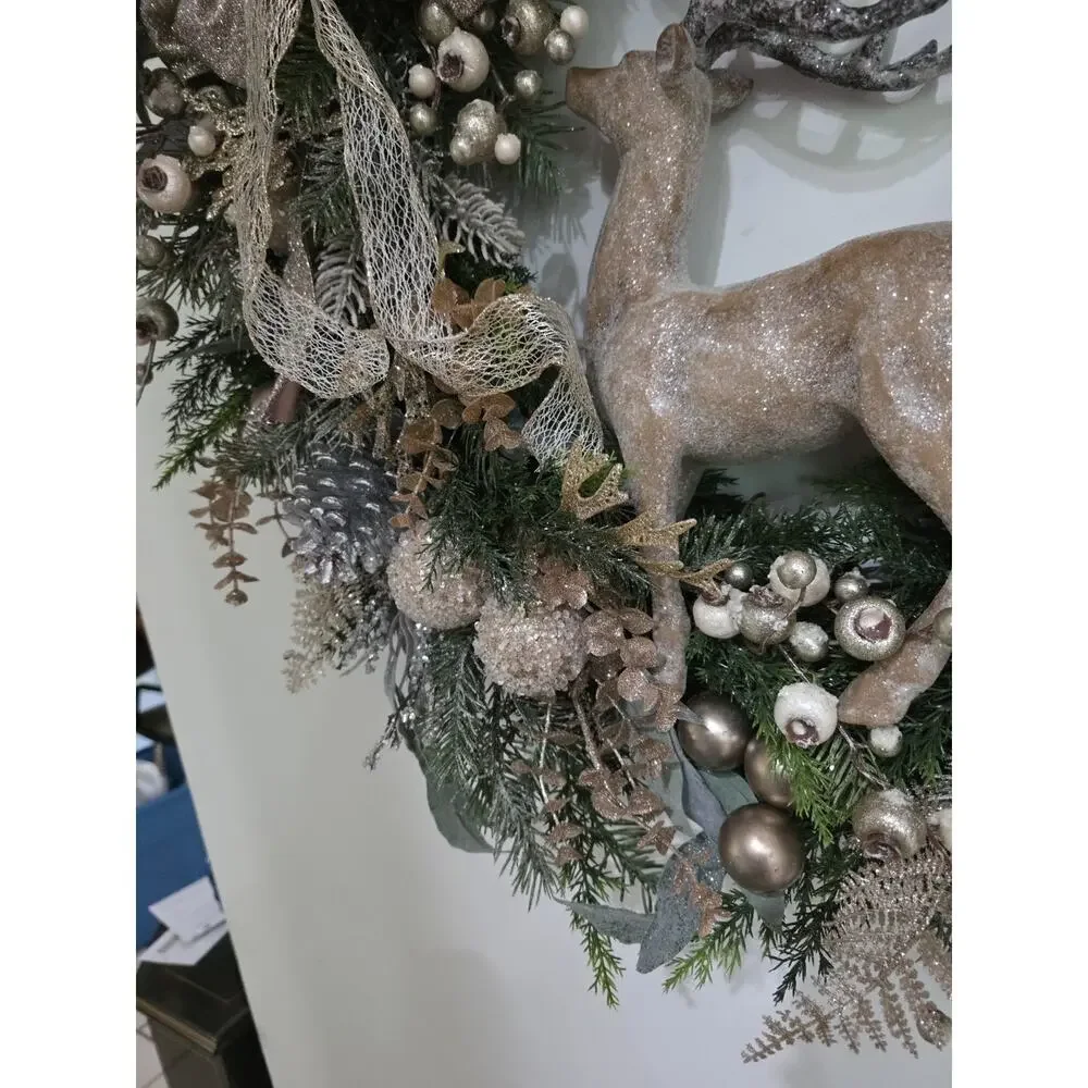 Handmade Christmas Wreath Deer Stag Gold Silver Berries Balls Ribbon 25